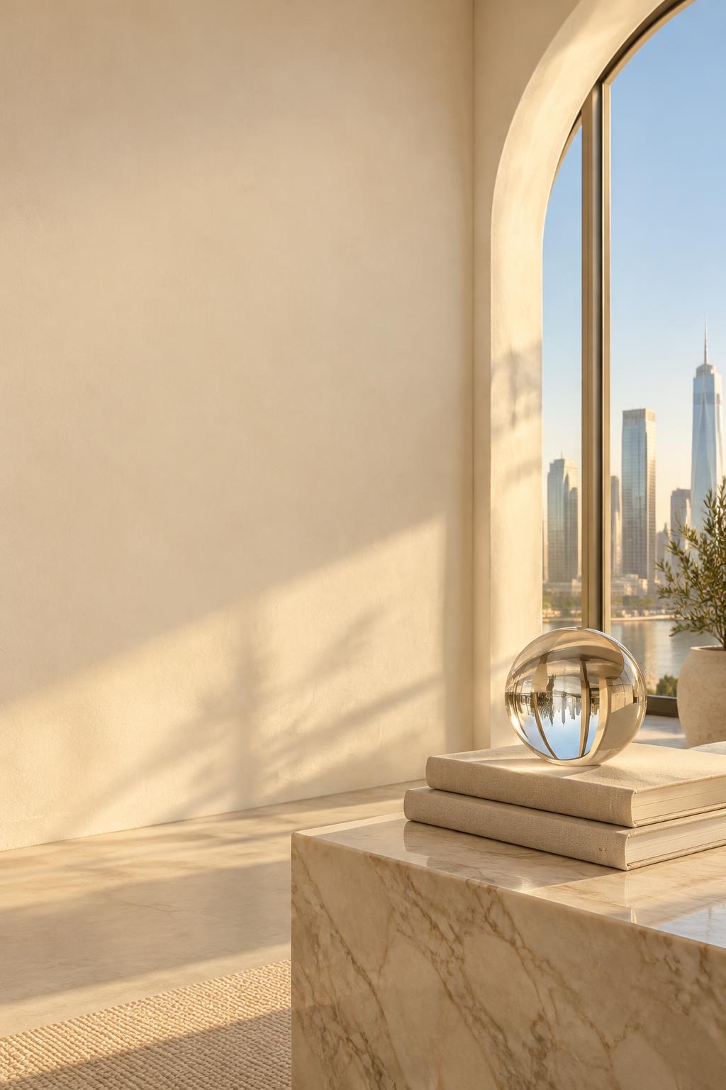 Sunlit ivory interior with a crystal sphere on marble overlooking a city skyline